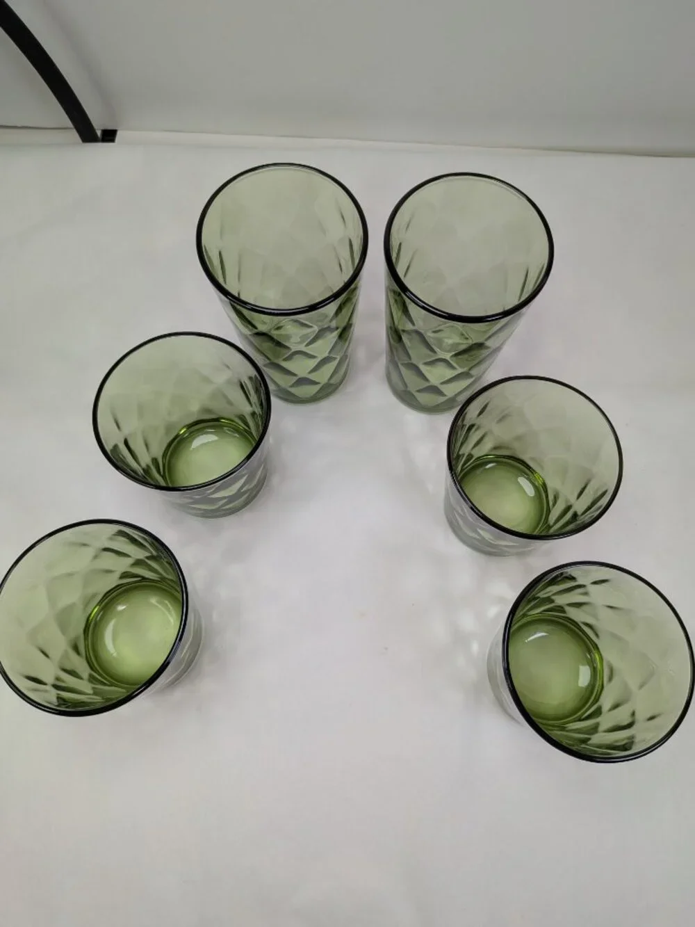 Vintage Indiana Glass Diamond Point Avocado Green Set of 6 - Pristine MCM